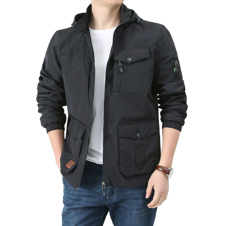 Herren  Kapuzen leichte Utility-Feldjacke mit Mehrfachtaschen, Reißverschluss und Druckknopfverschluss Drune