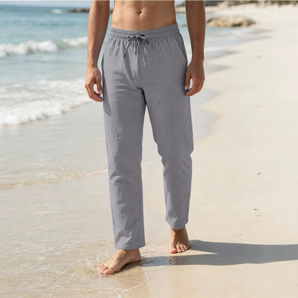 Herren Leichte Leinen-Baumwoll-Hose mit Tunnelzug, elastischem Bund und geradem Schnitt Drune