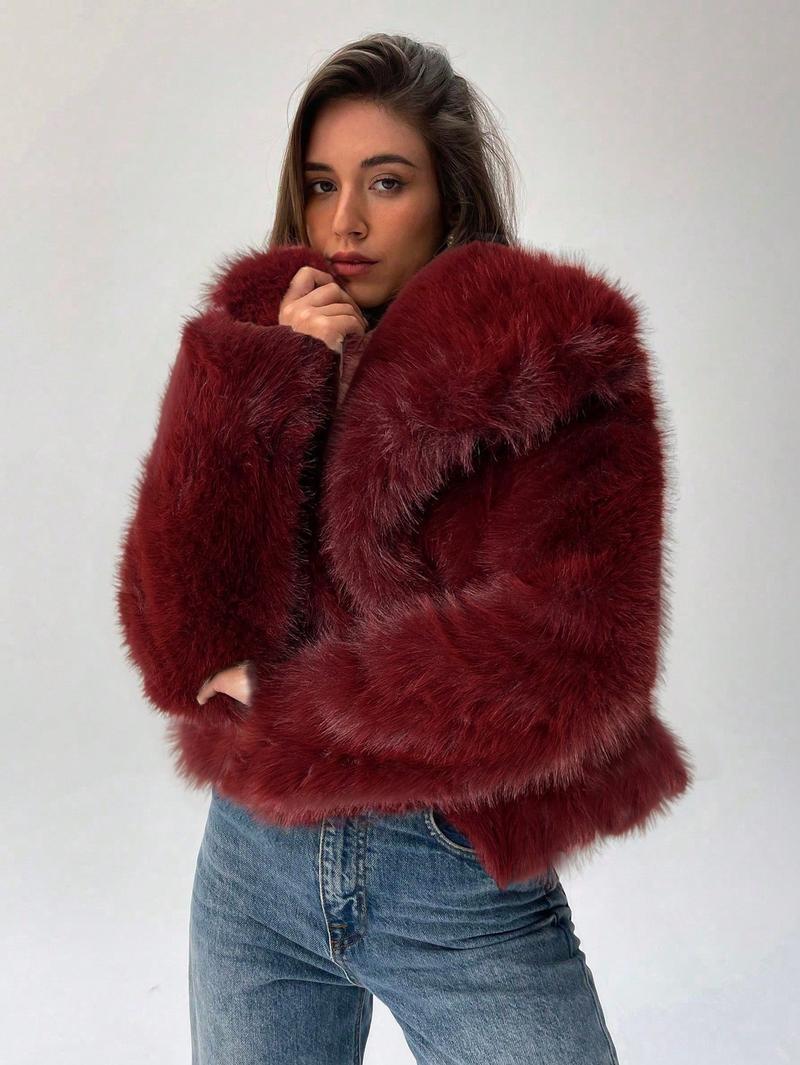 Damen Modischer Kunstpelz-Cropped-Jacke mit voluminösen Ärmeln Drune