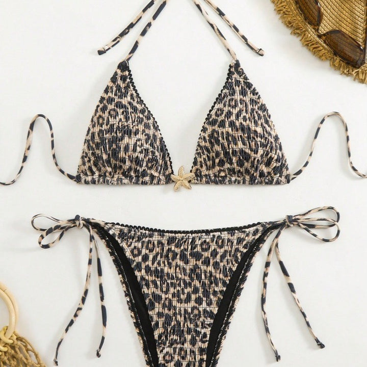 Damen Triangel-Bikini mit modischem Leopardenmuster und seitlichen Bindebändern Drune