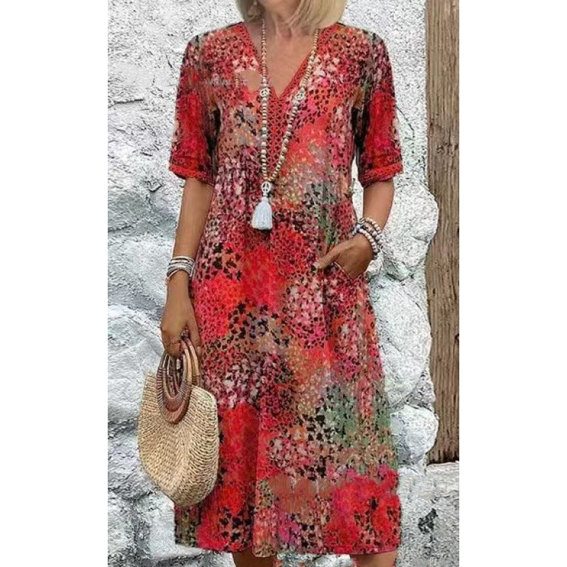 Damen Strandkleid im lässigen Stil mit Taschen und V-Ausschnitt Drune