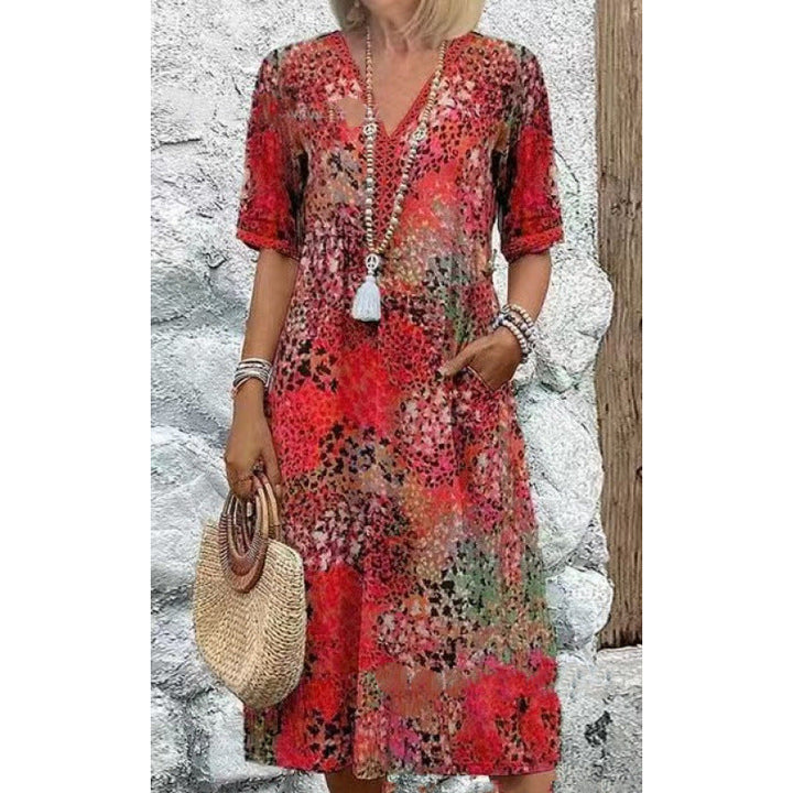 Damen Strandkleid im lässigen Stil mit Taschen und V-Ausschnitt Drune