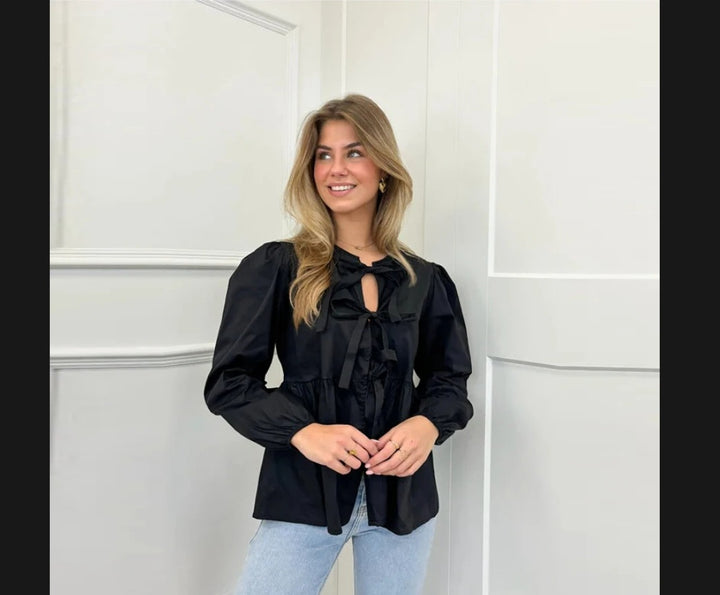 Damen elegante Bluse mit Rüschendetails und Bindeband Drune