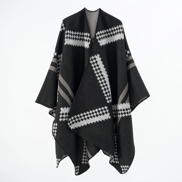 Damen Oversize-Umhangponcho aus Wollmix mit geometrischem Jacquard und Ziernaht Drune