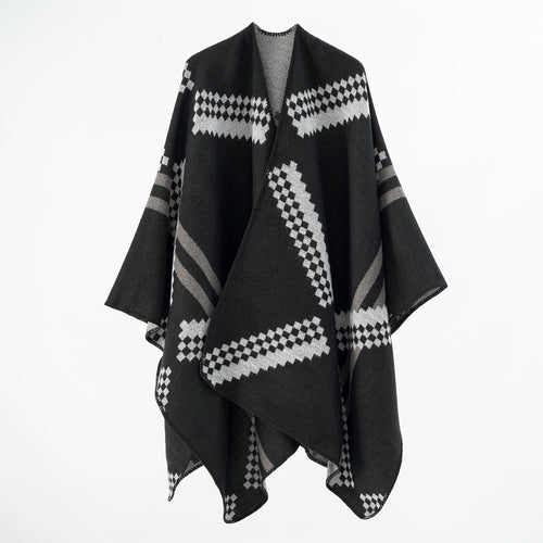 Damen Oversize-Umhangponcho aus Wollmix mit geometrischem Jacquard und Ziernaht Drune
