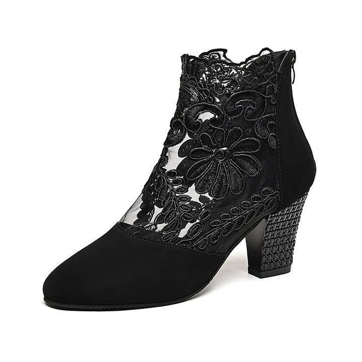 Damen nan elegante Spitzen-Stiefelette mit floralem Mesh-Einsatz, Reißverschluss und verzierendem Blockabsatz Drune