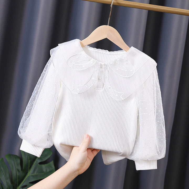 Damen elegante Bluse mit Puffärmeln und Spitzenkragen Drune