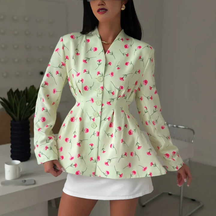 Damen Taillierter Blazer mit Schößchen, dekorativen Knöpfen und floralem Muster Drune