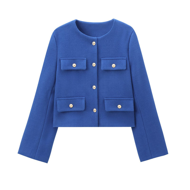 Damen nan kurz geschnittene Bouclé-Tweedjacke mit Rundhalsausschnitt Zierknopfdetails und aufgesetzten Pattentaschen Drune