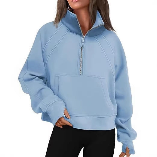 Damen nan weit geschnittenes Kurzpullover mit Stehkragen, halbem Reißverschluss und Kängurutasche Drune