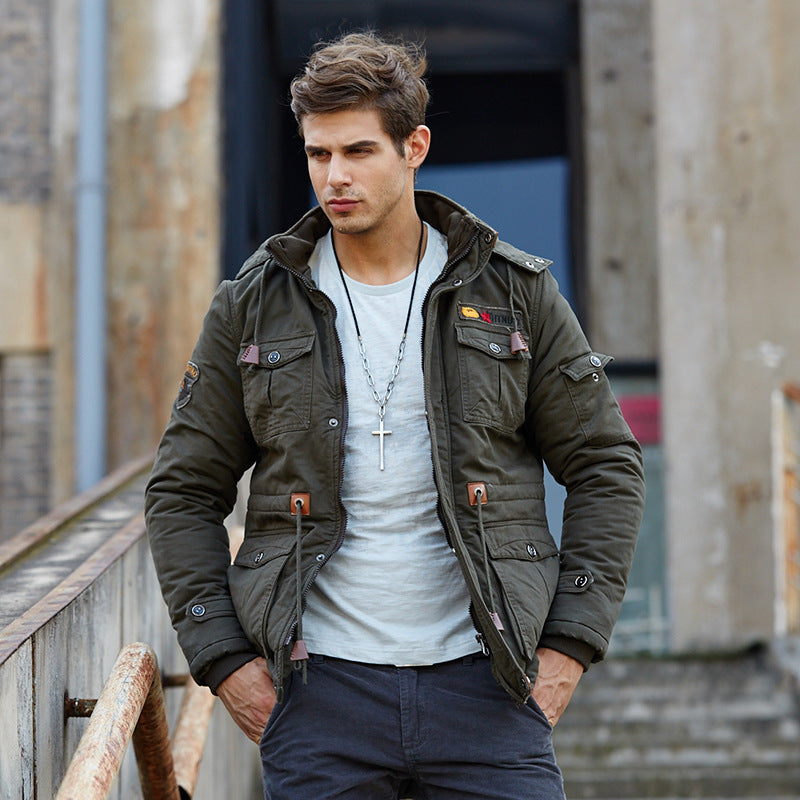 Herren Robust verarbeitete Fieldjacke mit Kapuze Kordelzug und Multifachtaschen Drune