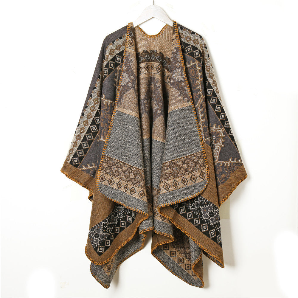 Damen Wollmix-Jacquard-Capeponcho im Ethno-Look mit dekorativer Ziernaht Drune