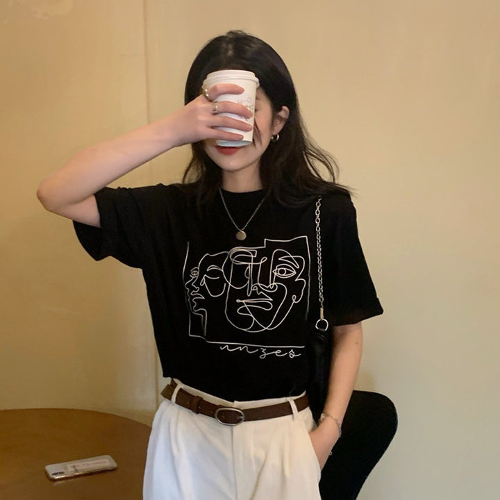 Damen Grafik T-Shirt mit modernem Linienkunst-Motiv und lässiger Passform Drune