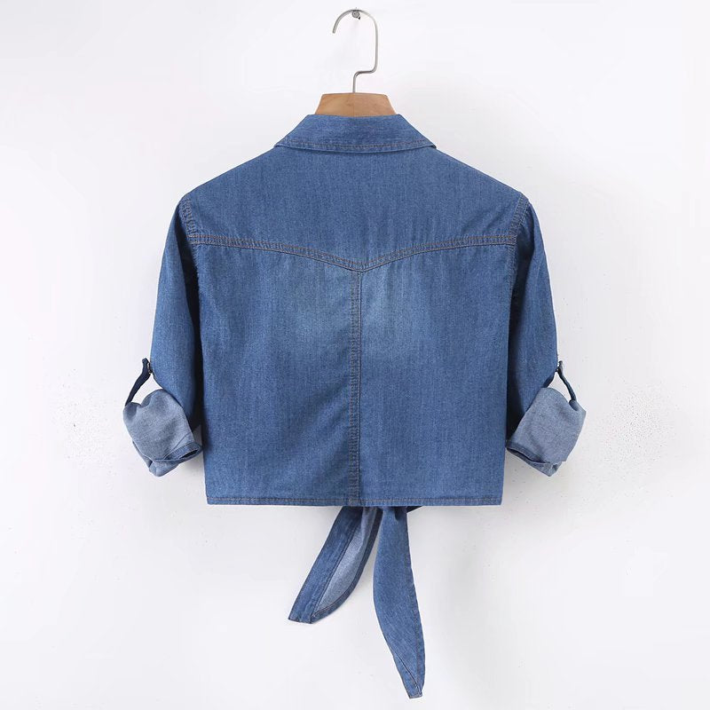 Damen Geknotete Denim Kurzbluse mit Brusttaschen und hochgekrempelten Ärmeln Drune