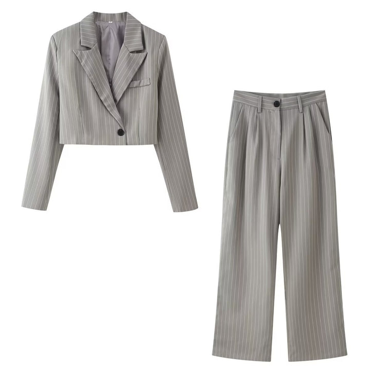 Damen Zweiteiliges Nadelstreifen-Kurzblazer mit hochgeschnittener weiter Hose Drune