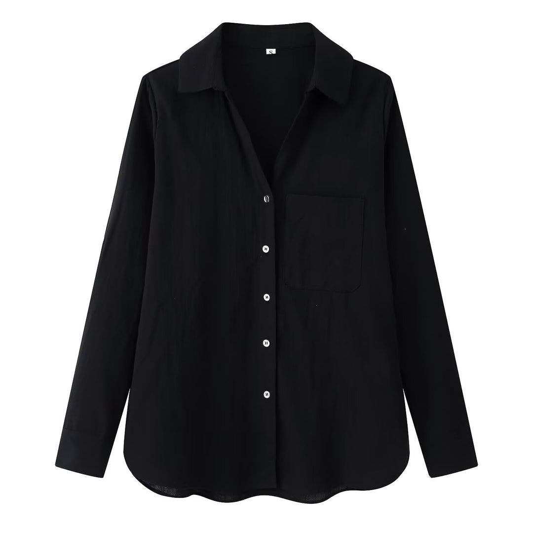 Damen Leichte Oversize-Leinenbluse mit Brusttasche und Hemdkragen Drune