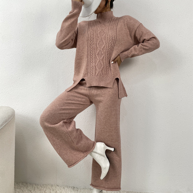 Damen eleganter Strickanzug mit hohem Kragen und farbenfrohem Muster Drune