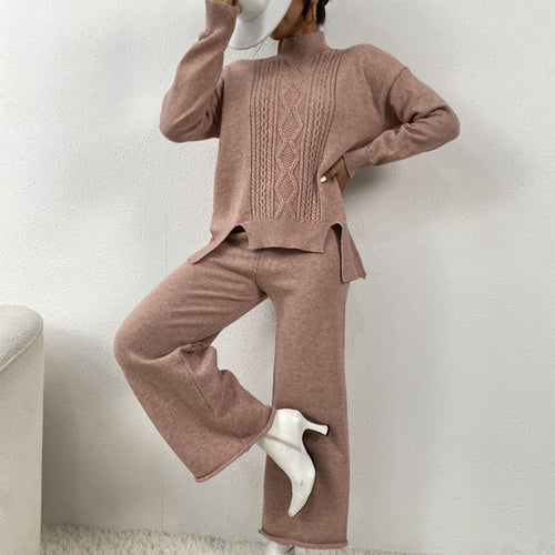 Damen eleganter Strickanzug mit hohem Kragen und farbenfrohem Muster Drune
