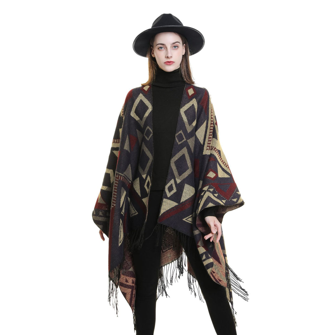 Damen Gewebter Ruana-Umhang aus Wollmix mit grafischem Ethno-Jacquard und langen Fransen Drune