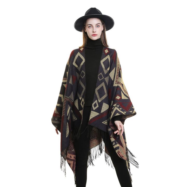 Damen Gewebter Ruana-Umhang aus Wollmix mit grafischem Ethno-Jacquard und langen Fransen Drune