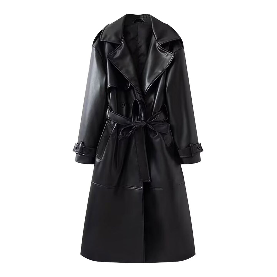 Damen 40+ langer Trenchcoat aus Kunstleder mit Taillengürtel und doppelreihiger Knopfleiste Drune