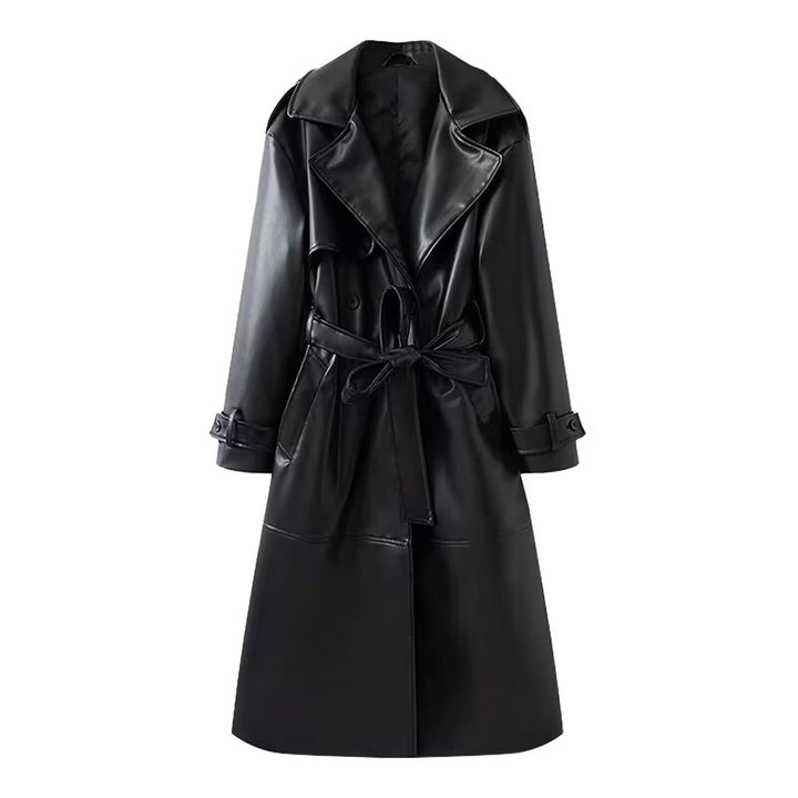 Damen 40+ langer Trenchcoat aus Kunstleder mit Taillengürtel und doppelreihiger Knopfleiste Drune
