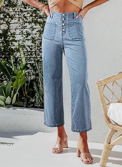 Damen High-Waist Jeans mit Knopfdetail und weitem Bein Drune