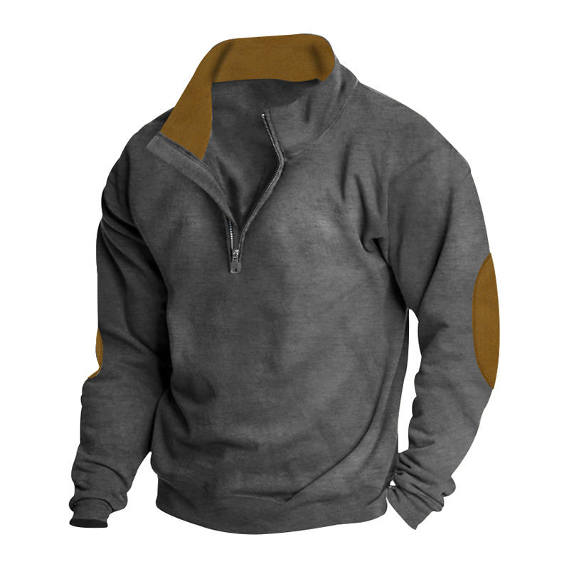 Herren nan Kurzzip-Stehkragenpullover mit Kontrastkragen und Wildleder-Ellenbogenpatches Drune