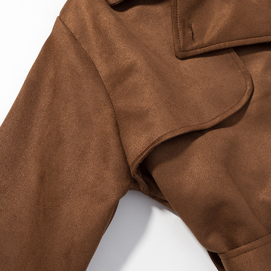 Damen Langer Doppelreihiger Mantel im Trenchcoat‑Stil mit Taillengürtel und Ärmelriegel Drune