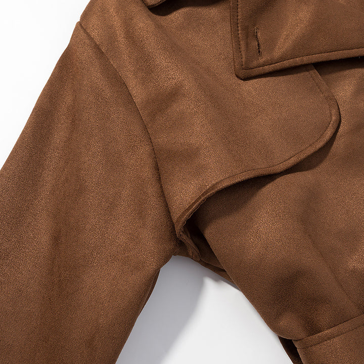 Damen Langer Doppelreihiger Mantel im Trenchcoat‑Stil mit Taillengürtel und Ärmelriegel Drune