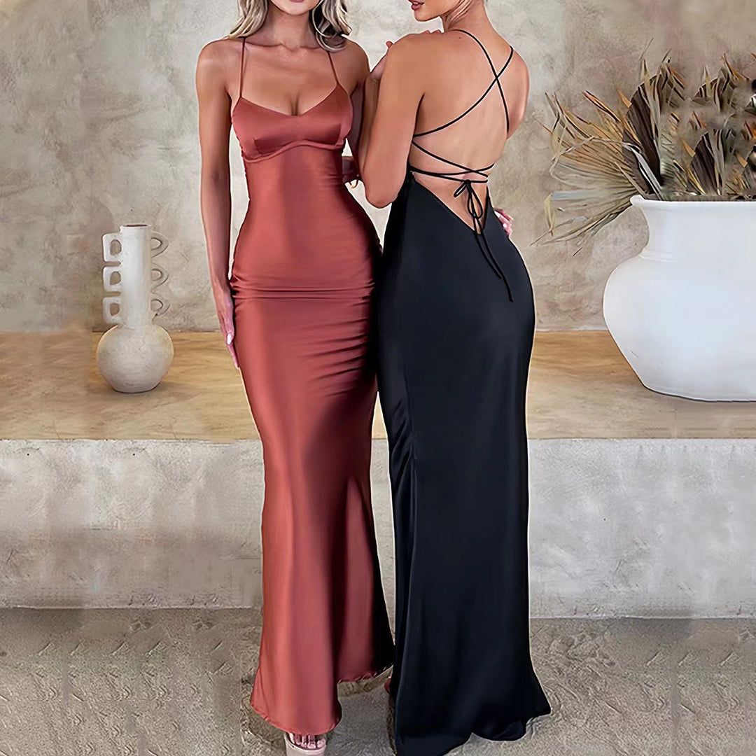 Damen Glamouröses Langarm-Maxi-Kleid mit verstellbaren Trägern und figurbetontem Schnitt Drune