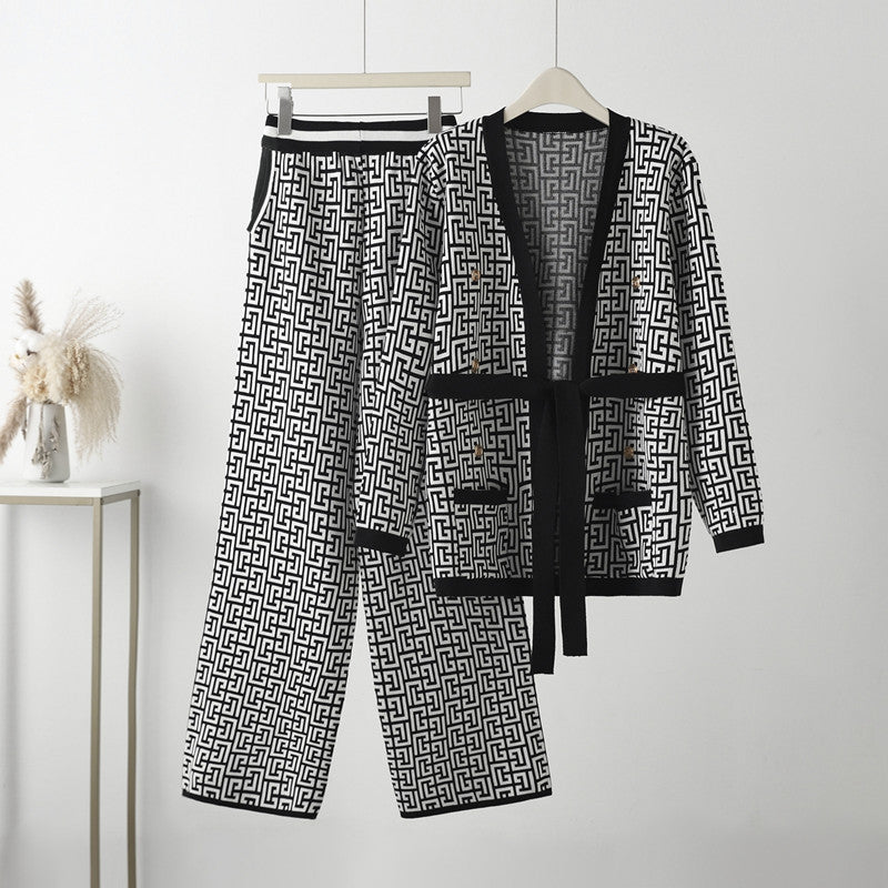 Damen lässiges Strick-Loungewear-Set mit geometrischem Muster Drune