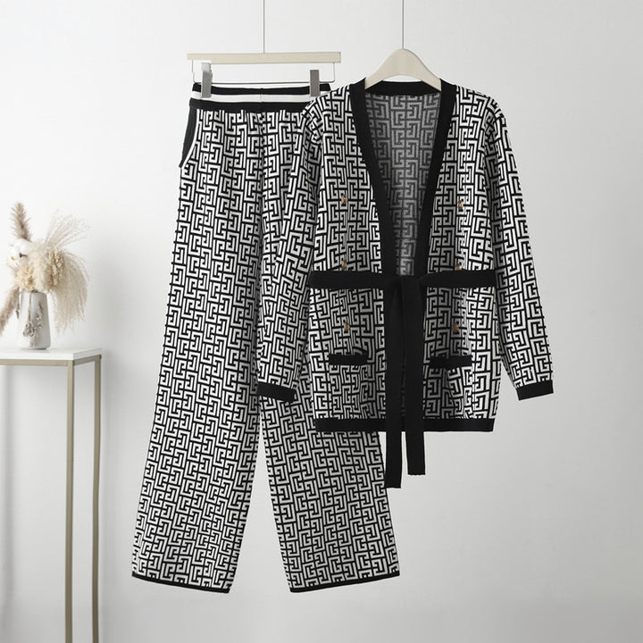 Damen lässiges Strick-Loungewear-Set mit geometrischem Muster Drune