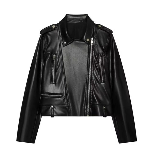 Damen Kurz geschnittene Bikerjacke aus Kunstleder mit asymmetrischem Reißverschluss und Schulterklappen Drune