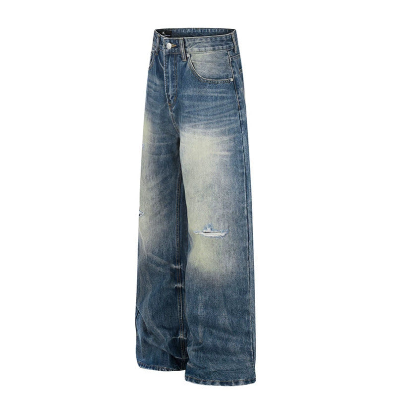 Damen Hochgeschnittene Jeans mit weitem Bein, Used‑Waschung und Destroyed‑Details Drune
