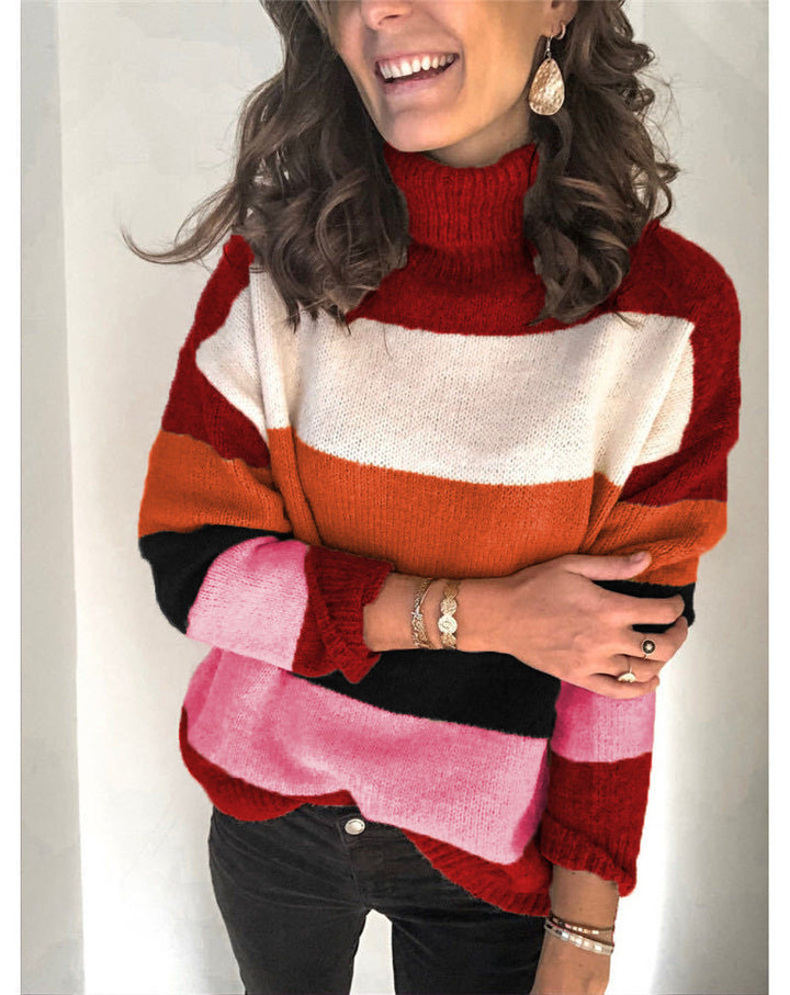Damen Oversize Rollkragenpullover mit breiten Blockstreifen und weichem Strick Drune