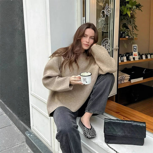 Damen Oversized Feinstrick-Pullover mit Rundhalsausschnitt und Ballonärmeln Drune