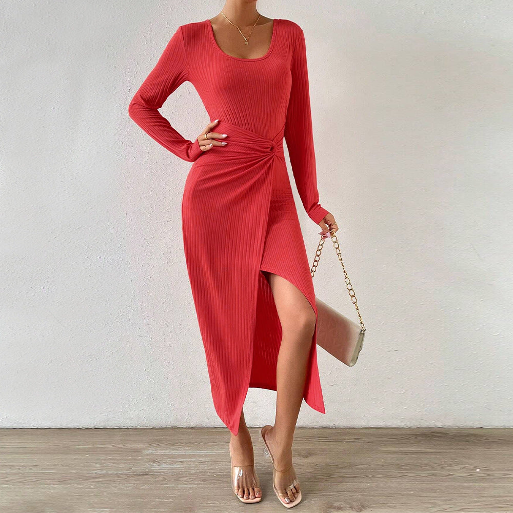 Damen gerafftes Maxikleid mit Knotendetail, figurbetonter Rippenstruktur und hohem Seitenschlitz Drune