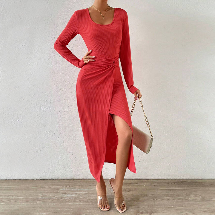 Damen gerafftes Maxikleid mit Knotendetail, figurbetonter Rippenstruktur und hohem Seitenschlitz Drune