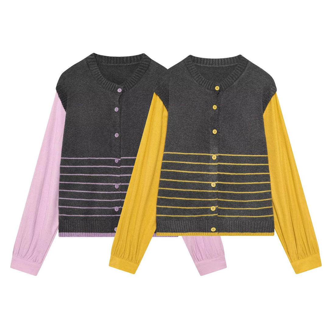 Damen Lagenlook-Strickcardigan mit gestreiftem Westeinsatz und Volumenärmeln Drune