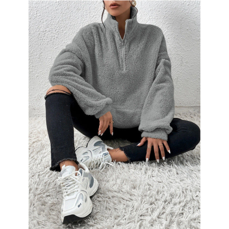 Damen Flauschiger Teddy-Pullover mit halbem Reißverschluss und Kängurutasche Drune