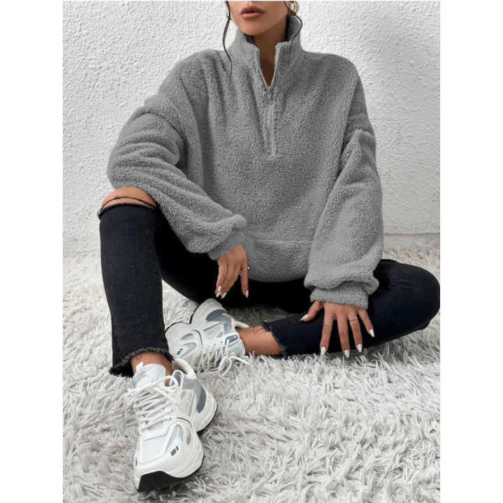 Damen Flauschiger Teddy-Pullover mit halbem Reißverschluss und Kängurutasche Drune