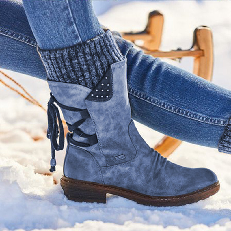 Damen Winterliche Kurzschaft-Stiefelette mit Strickmanschette, Zierkordel und Veloursoptik Drune