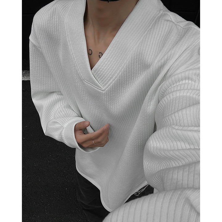 Herren Oversize-Feinstrickpullover mit tiefem V-Ausschnitt und Rippenstruktur Drune