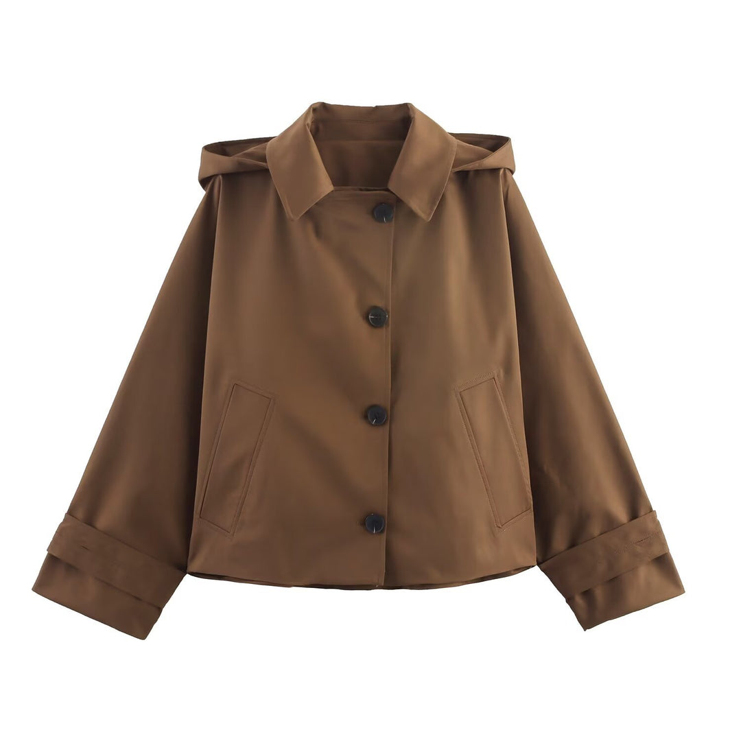Damen Kurzjacke mit übergroßer Kapuze, kastiger Silhouette und Umschlagmanschetten Drune