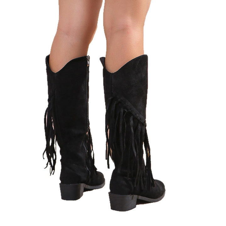 Damen Western-Kniestiefel mit Fransen, Wildlederoptik und mittelhohem Blockabsatz Drune