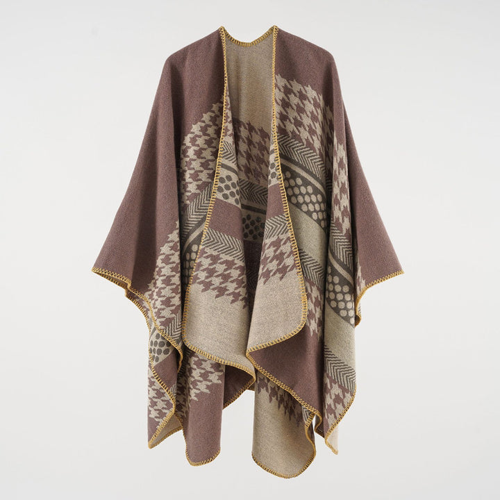 Damen Wohliger Oversize-Umhangponcho aus Wollmix mit Hahnentritt- und Grafikjacquard Drune