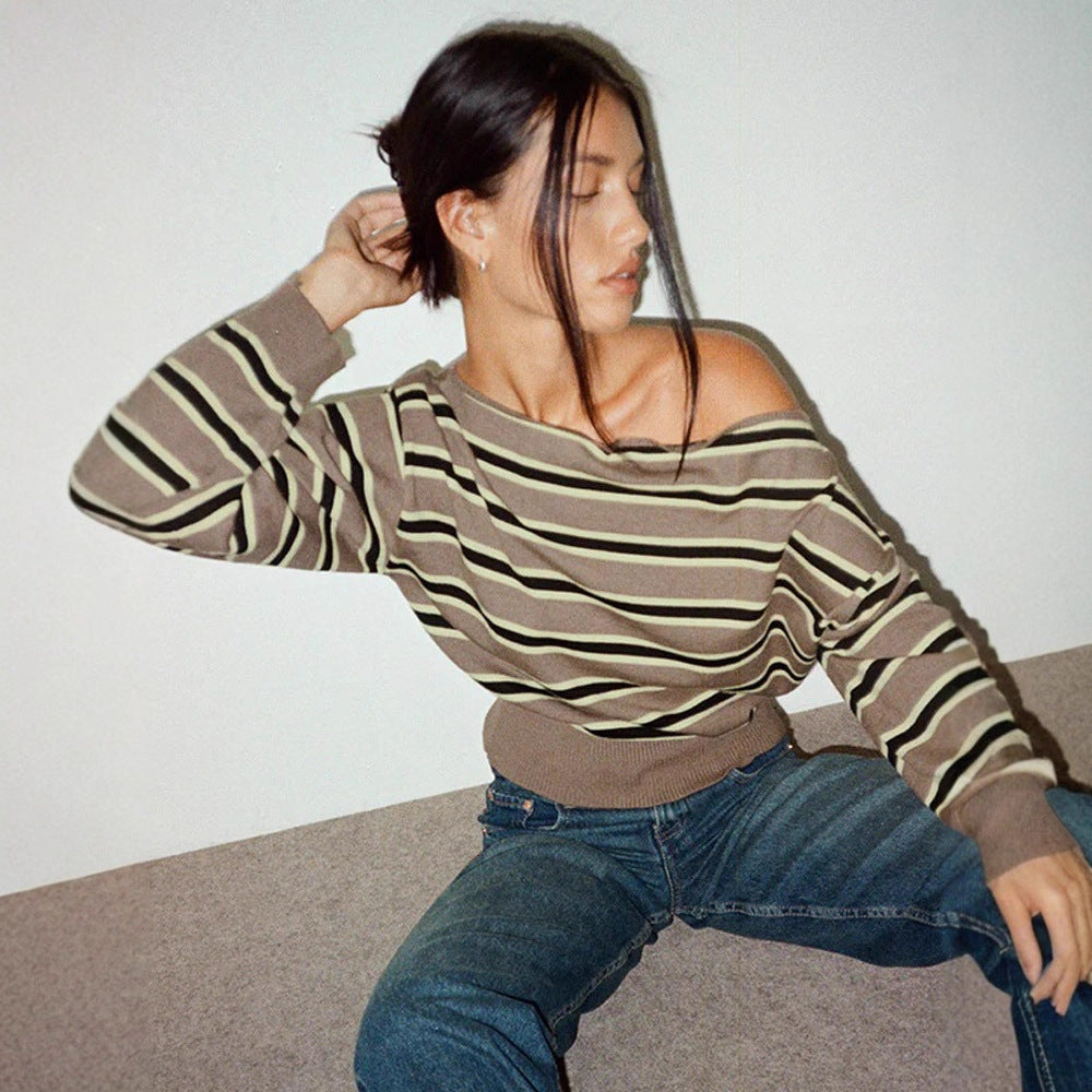 Damen Feinstrick-Boatneck-Pullover mit asymmetrischem Schulterfall, breitem Rippbund und lässigen Ballonärmeln Drune