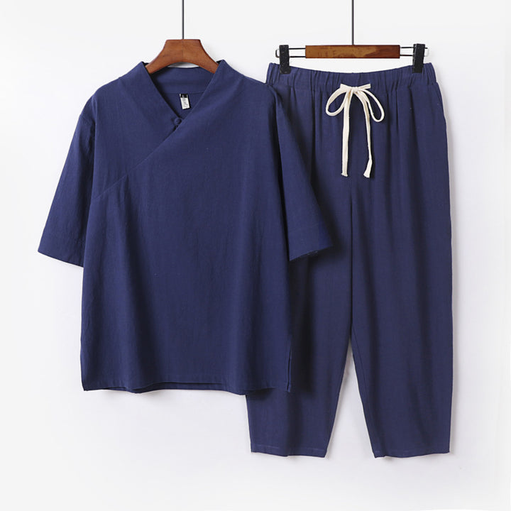 Herren Atmungsaktives Leinen-Baumwoll Lounge-Set mit asymmetrischem V-Kragen und elastischer Kordelhose Drune
