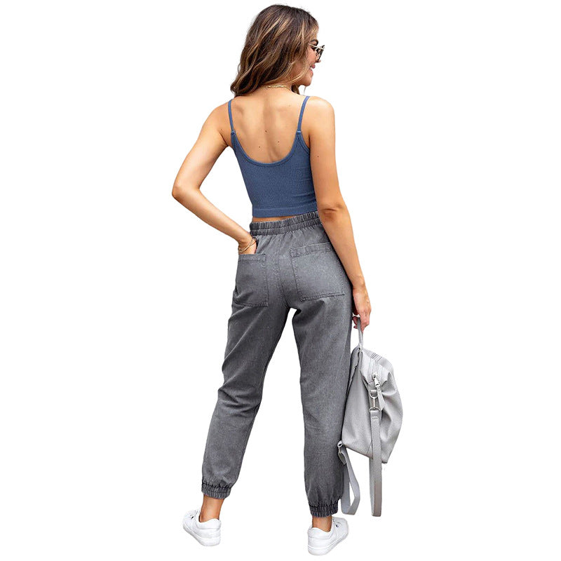 Damen Denim-Joggerhose mit Cargo-Taschen und elastischem Tunnelzugbund Drune